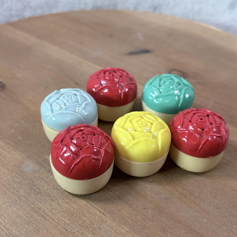 Vintage Rose Salt & Pepper‎ Shakers Plastic Set of 6 Colorful